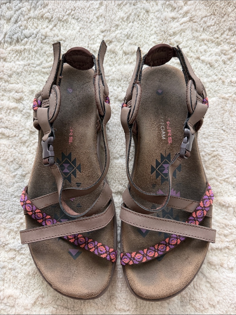 Skechers Brown Sandals with Pink and Purple Woven Straps